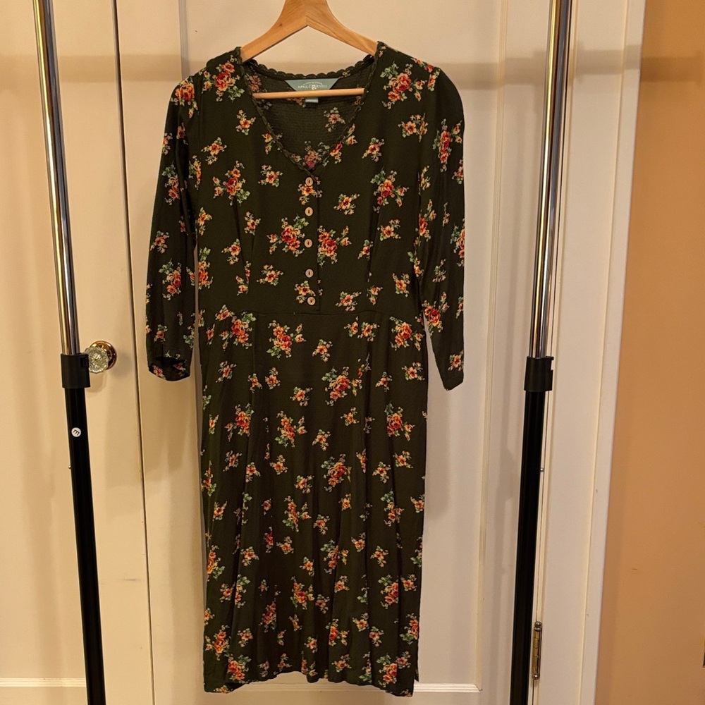 April Cornell Floral Long Sleeve Dress in Dark Green